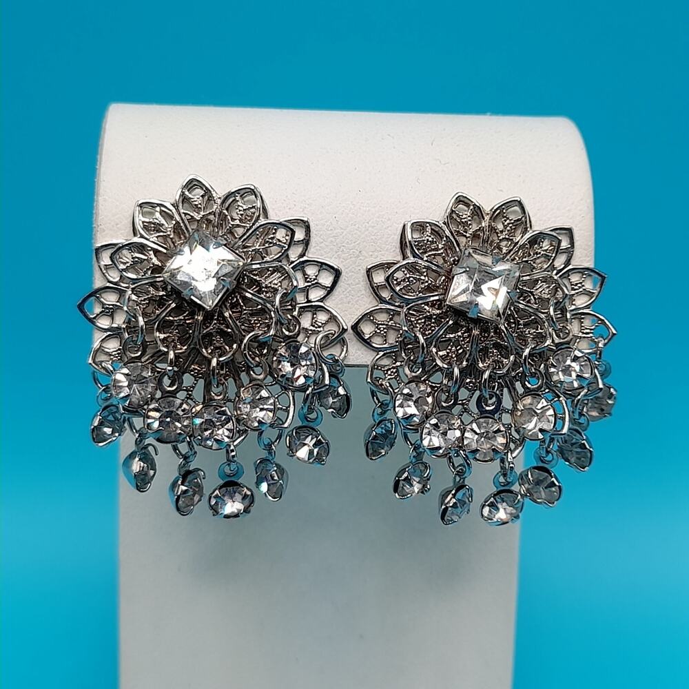 Vintage Waterfall Rhinestone Filigree Clip-On Earrings Tassel Dangle